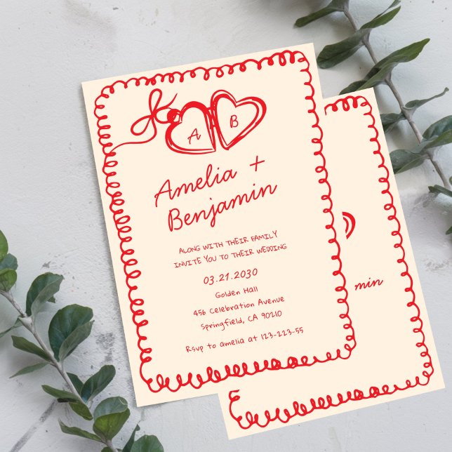 red hand drawn heart Whimsical Wedding  Invitation (Creator Uploaded)