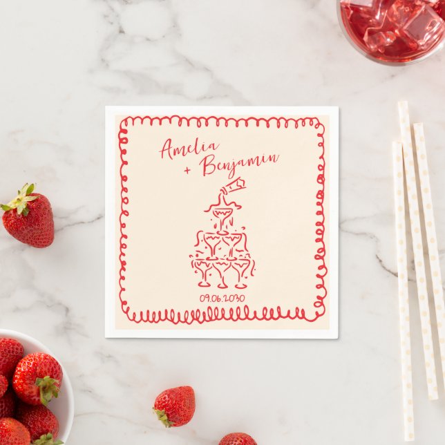 red hand drawn heart whimsical wedding napkins (Insitu)