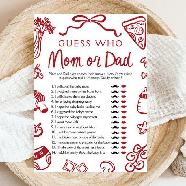 Red Hand Drawn Italian Guess Who Mom or Dad Game Invitation (Creator Uploaded)