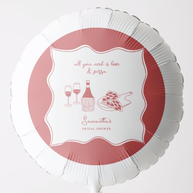 Red Hand Drawn Italian Pizza Wine Bridal Shower Balloon (Front)