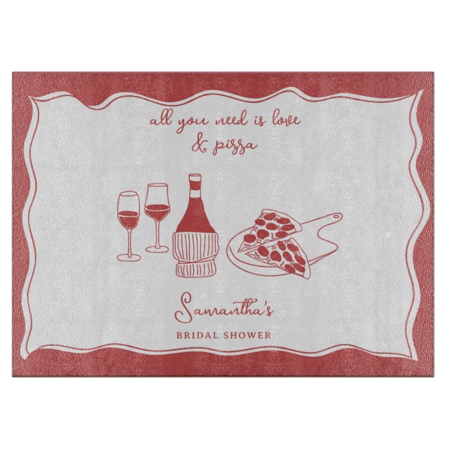 Red Hand Drawn Italian Pizza Wine Bridal Shower Cutting Board (Front)
