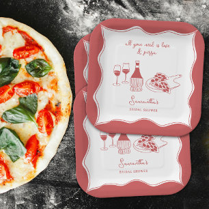 Red Hand Drawn Italian Pizza Wine Bridal Shower Paper Plates