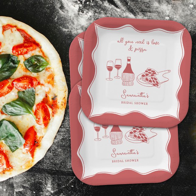 Red Hand Drawn Italian Pizza Wine Bridal Shower Paper Plates (Red Hand Drawn Italian Pizza Wine Bridal Shower Paper Plates)