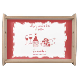 Red Hand Drawn Italian Pizza Wine Bridal Shower Serving Tray