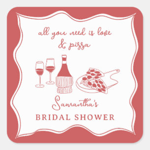 Red Hand Drawn Italian Pizza Wine Bridal Shower Square Sticker