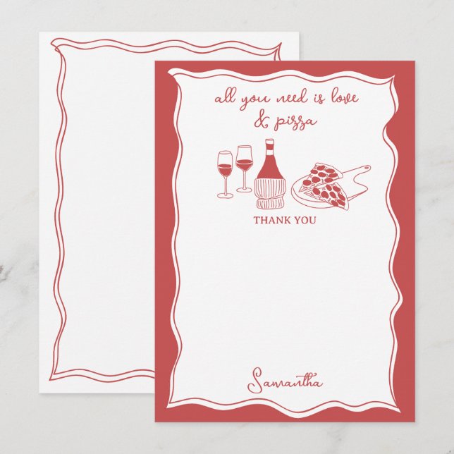 Red Hand Drawn Italian Pizza Wine Bridal Shower Thank You Card (Front/Back)