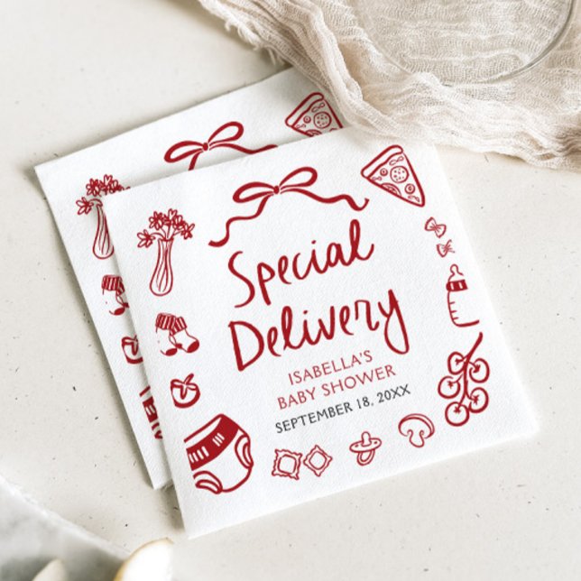 Red Hand Drawn Pizza Special Delivery Baby Shower Napkins (Red Hand Drawn Pizza Special Delivery Baby Shower Napkins)