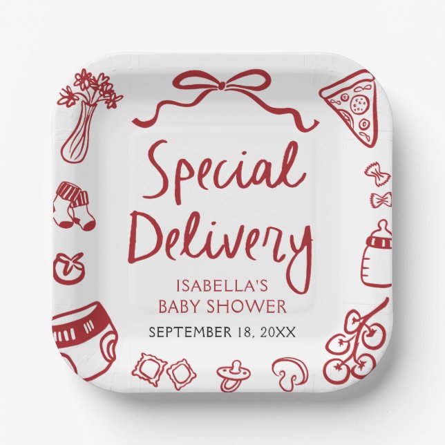 Red Hand Drawn Pizza Special Delivery Baby Shower Paper Plates (Front)