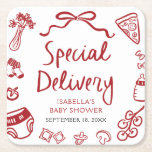 Red Hand Drawn Pizza Special Delivery Baby Shower Square Paper Coaster<br><div class="desc">📦🍕 Bring the Special Delivery theme to life with our Red Hand Drawn Pizza Baby Shower Square Paper Coasters! Featuring whimsical hand-sketched pizza slices, pasta bowls, olive branches, and playful doodles in a rustic red-and-white design, these coasters are the perfect blend of charm and function. ✨ Use them at drink...</div>