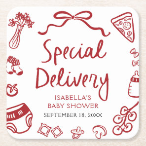 Red Hand Drawn Pizza Special Delivery Baby Shower Square Paper Coaster