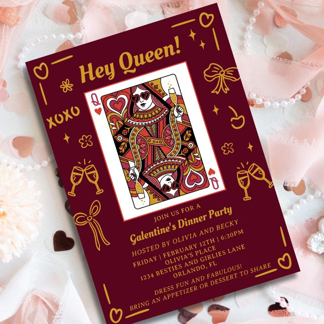 Red Hand Drawn Queen Of Hearts Galentine's Party Invitation (Creator Uploaded)
