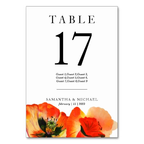 Red Hand_Drawn Red Poppy Flower Seating Table Number