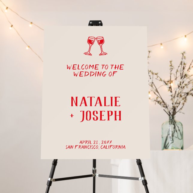 Red Hand Drawn Retro Old Money Wedding Welcome Foam Board (In Situ (Stand))