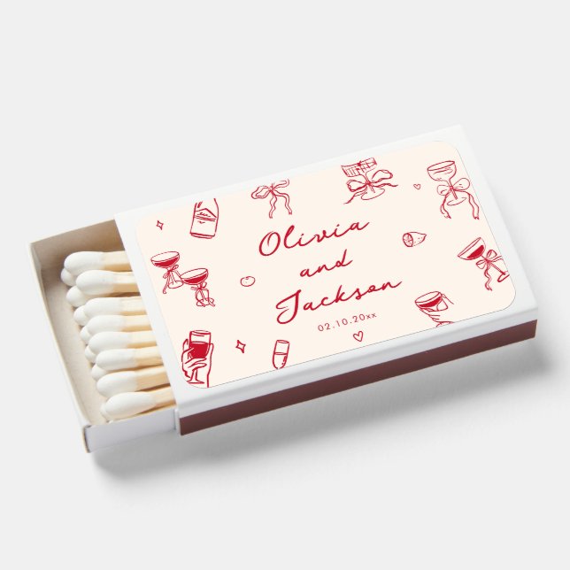 Red Hand Drawn Wedding Matchboxes (Front Open)