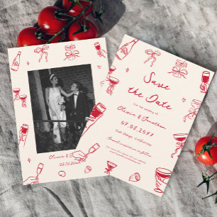 Red Hand Drawn Wedding Save the Date Photo Invitation