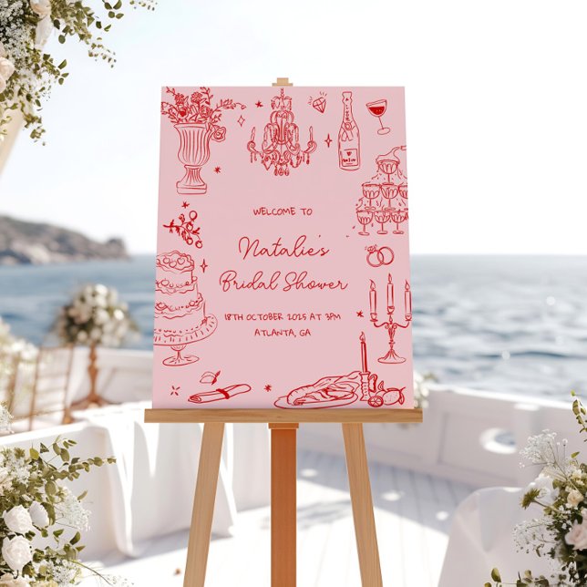 Red Hand Drawn Whimsical Bridal Shower Faux Canvas Print (Creator Uploaded)