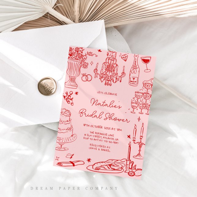 Red Hand Drawn Whimsical Bridal Shower Invitation (Creator Uploaded)