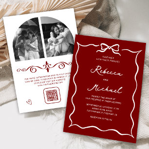 Red Hand Drawn White Bow QR Code Photo Wedding Invitation