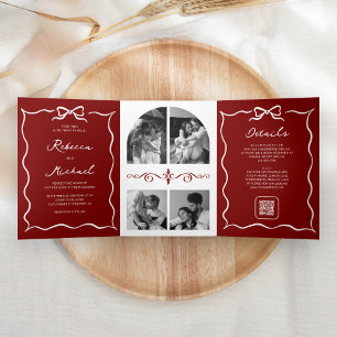Red Hand Drawn White Bow QR Code Photo Wedding Tri-Fold Invitation