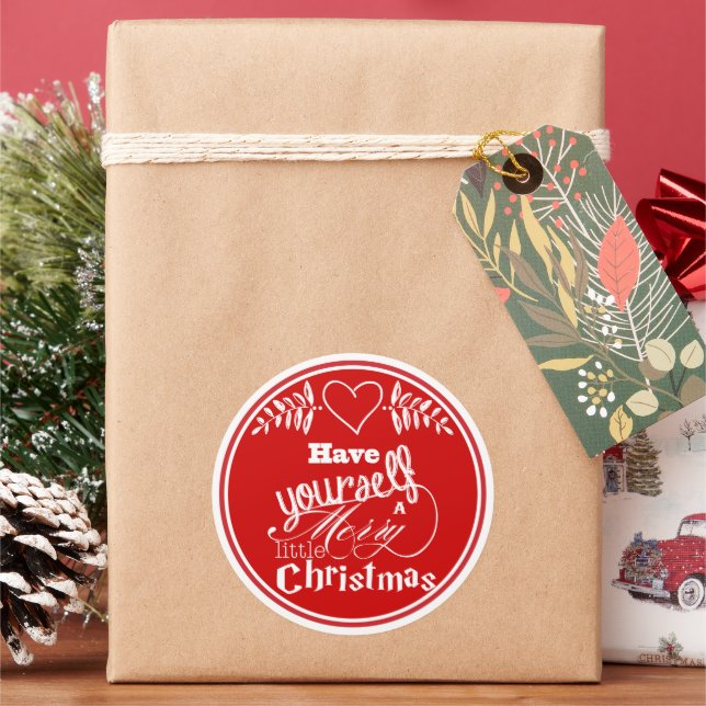 Red Hand Lettered Hand Merry Little Christmas Classic Round Sticker (Holiday)