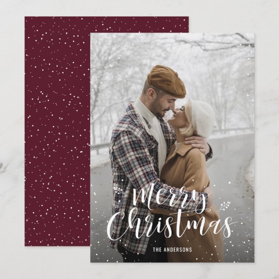 Red Hand Lettered Snow Photo Christmas Cards