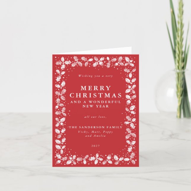 Red Hand Printed Holly + Berries Border Non Photo Holiday Card (Front)