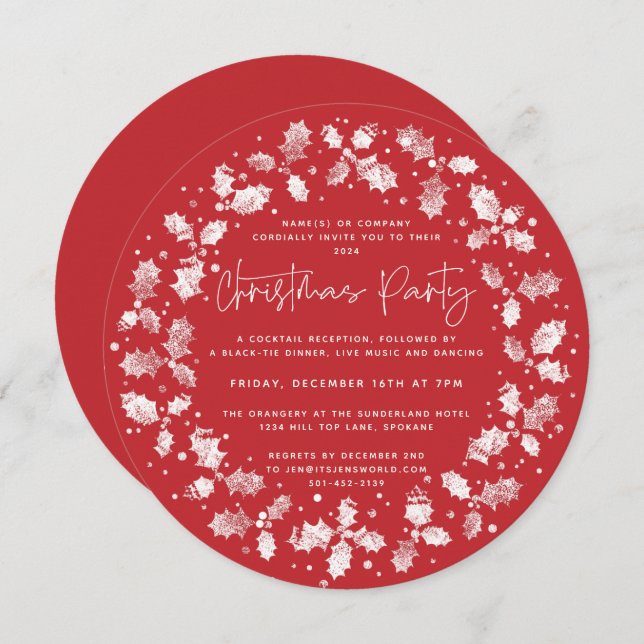 Red Hand Printed Holly+Berries Christmas Party Invitation (Front/Back)