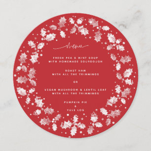 Red Hand Printed Holly Wreath Christmas Menu