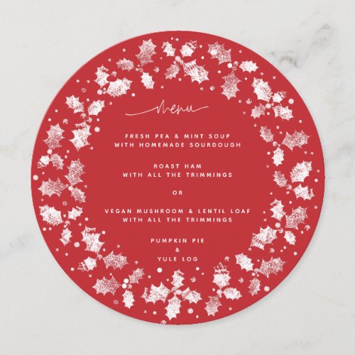 Red Hand Printed Holly Wreath Christmas Menu