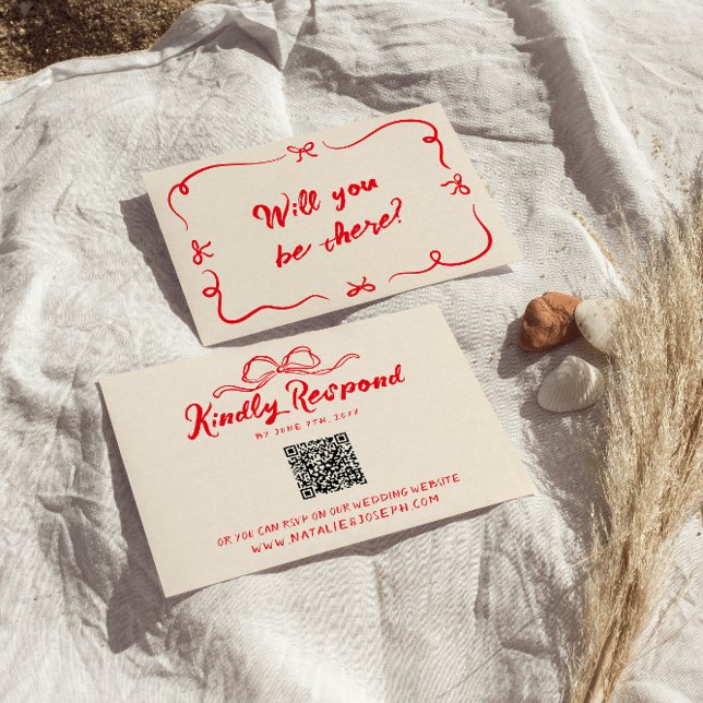 Red Hand Written Quirky Modern Bow QR Code Wedding RSVP Card (Creator Uploaded)