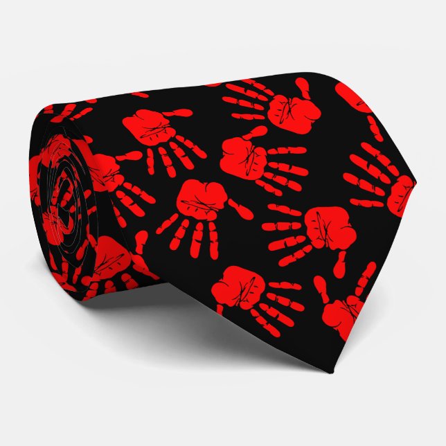 Red Handprints on Black Neck Tie (Rolled)