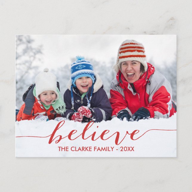 Red Handwriting Believe Holiday Photo Postcard (Front)