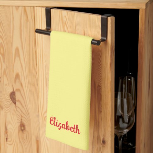 Red Handwritten Name Light Yellow Solid Color Kitchen Towel