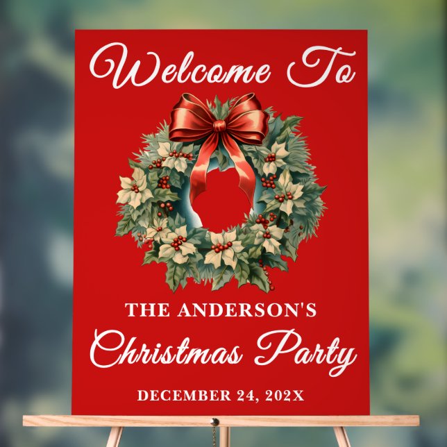 Red Handwritten Script Christmas Party Welcome Acrylic Sign (Neutral)