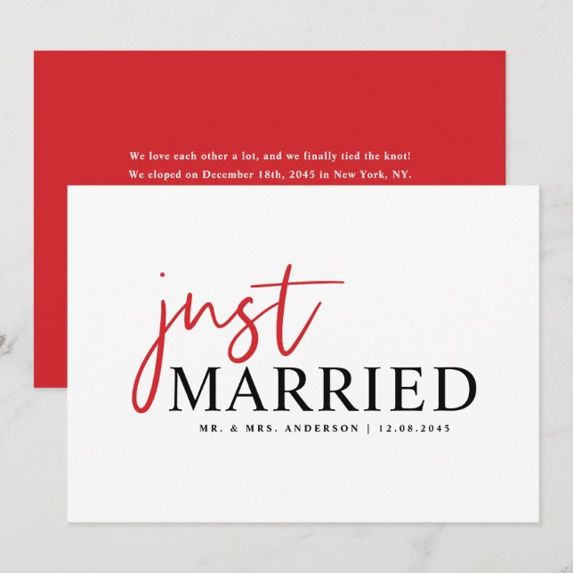 Red Handwritten Typography Modern Just Married Announcement (Front/Back)