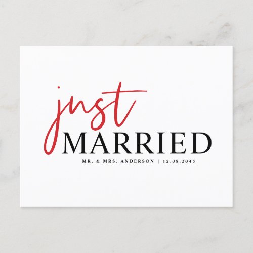 Red Handwritten Typography Modern Just Married Announcement Postcard