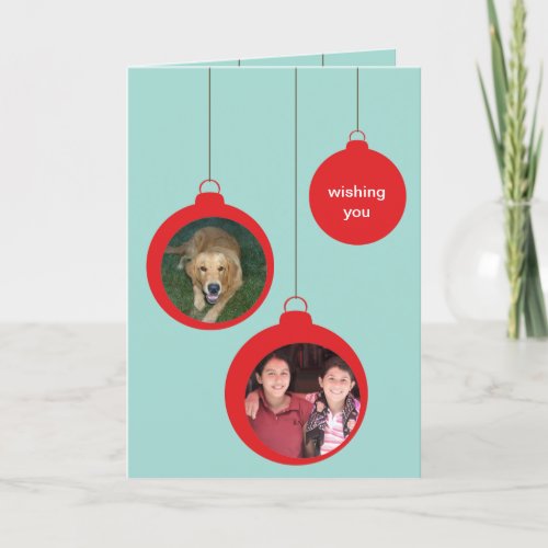 Red hanging ornaments photo greeting Christmas Holiday Card