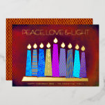Red Hanukkah Candles Peace Love Light Real Gold Foil Holiday Card<br><div class="desc">“Peace, love & light.” A playful, modern, artsy illustration of boho pattern candles in a menorah helps you usher in the holiday of Hanukkah. Assorted blue candles with colorful real gold foil patterns, real gold foil flames and menorah, overlay a rich, deep burnt red orange textured background. Faux copper diamond...</div>