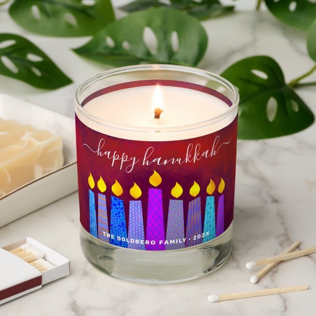 Red Hanukkah Menorah Boho Candles Keepsake Custom (Lit)