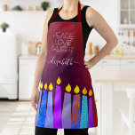 Red Hanukkah Menorah Candles Peace Love Light Bold Apron<br><div class="desc">“Peace, love & light.” Here’s a wonderful way add to the fun of your holiday baking. Add extra sparkle to your holiday culinary adventures whenever you wear this stunning, colorful, custom name Hanukkah apron. A playful, artsy illustration of blue menorah candles with colorful faux foil patterns and modern typography overlay...</div>