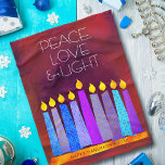 Red Hanukkah Menorah Candles Peace Love Light Bold Fleece Blanket<br><div class="desc">“Peace, love & light.” A playful, modern, artsy illustration of boho pattern candles in a menorah helps you usher in the holiday of Hanukkah. Assorted blue candles with colorful faux foil patterns overlay a rich, deep burnt red orange textured background. Feel the warmth and joy of the holiday season whenever...</div>