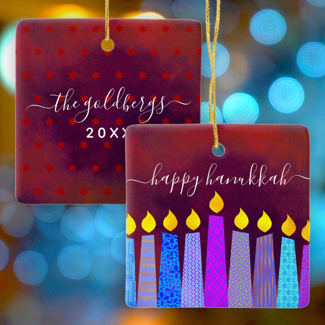 Red Hanukkah Menorah Candles Script Name Keepsake Ceramic Ornament (Creator Uploaded)
