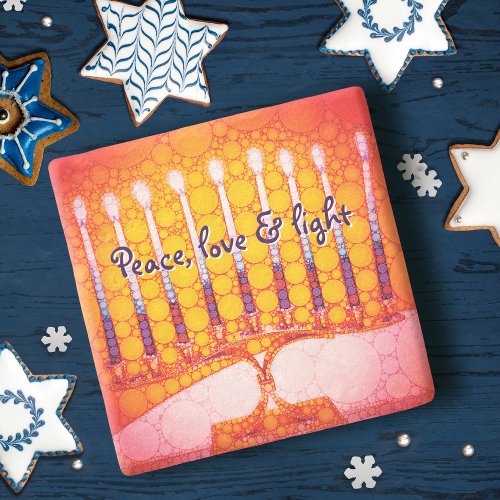 Red Hanukkah Menorah Peace Love Light Script Bold Stone Coaster