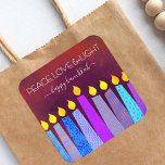 Red Hanukkah Peace Love Light Blue Boho Candles Square Sticker<br><div class="desc">“Peace, love & light.” A playful, modern, artsy illustration of boho pattern candles helps you usher in the holiday of Hanukkah. Assorted blue candles with colorful faux foil patterns overlay a rich, deep burnt red orange textured background. Feel the warmth and joy of the holiday season whenever you use this...</div>
