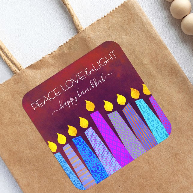 Red Hanukkah Peace Love Light Blue Boho Candles Square Sticker (Creator Uploaded)
