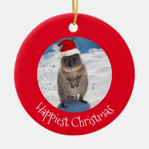 Red Happiest Christmas Quokka Beach Australia Ceramic Ornament