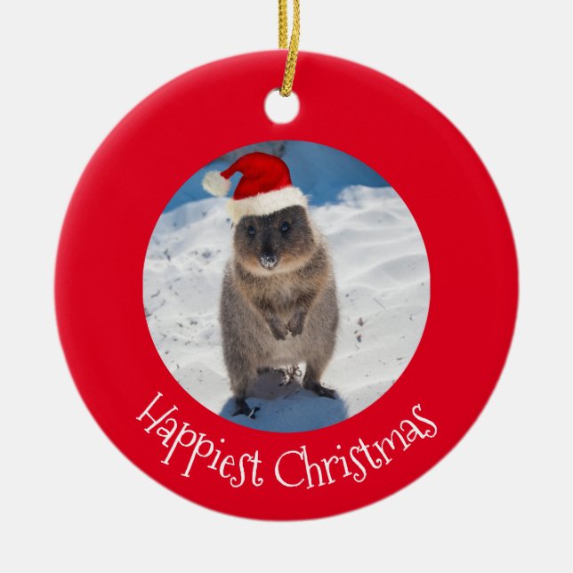 Red Happiest Christmas Quokka Beach Australia Ceramic Ornament (Front)