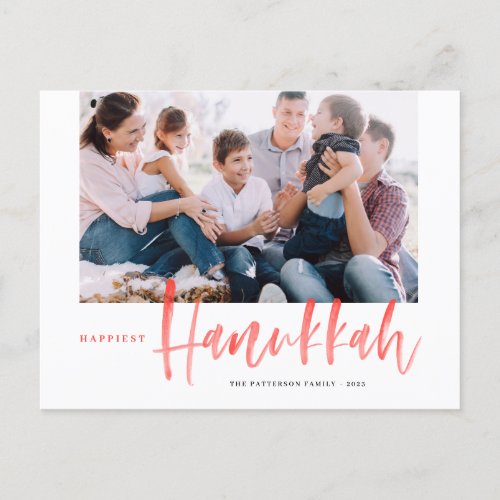 Red Happiest Hanukkah Brush Calligraphy Photo Holiday Postcard