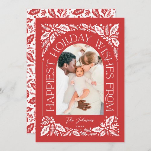 Red Happiest Wishes Arch Berry 3 Photo Collage Holiday Card
