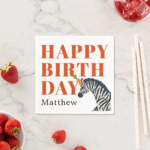 Red Happy Birthday Party Animal Zebra with Name Napkins